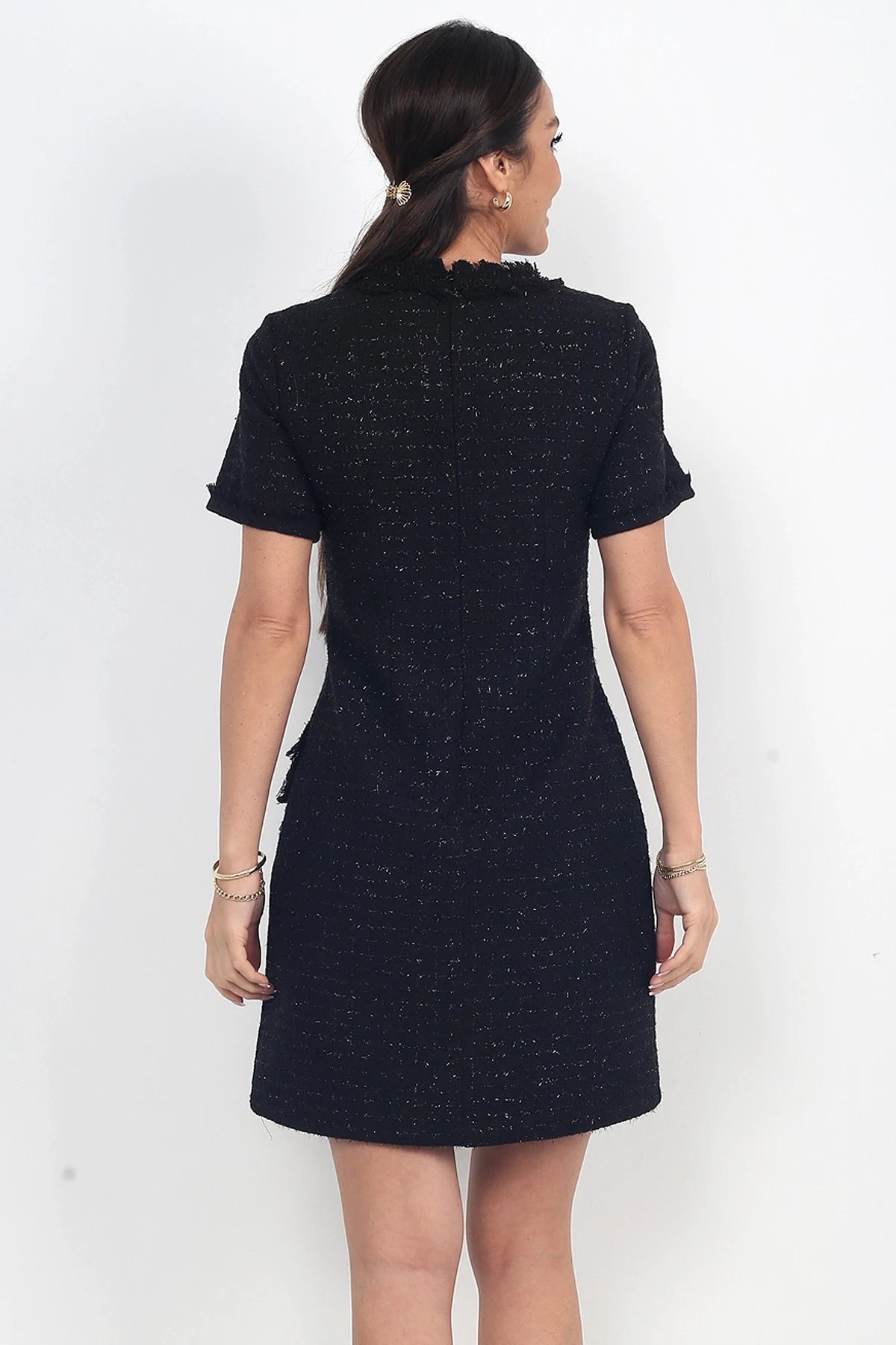 Image of Women's Button Detail Short Sleeve Tassel Chanel Short Dress