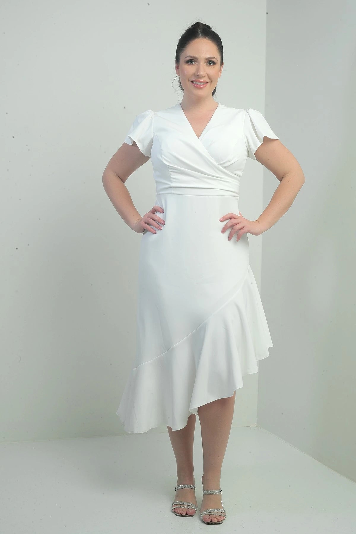 Image of Women's Wrap Neckline Draped Front Lined Ruffled Skirt Plus Size Crepe Dress