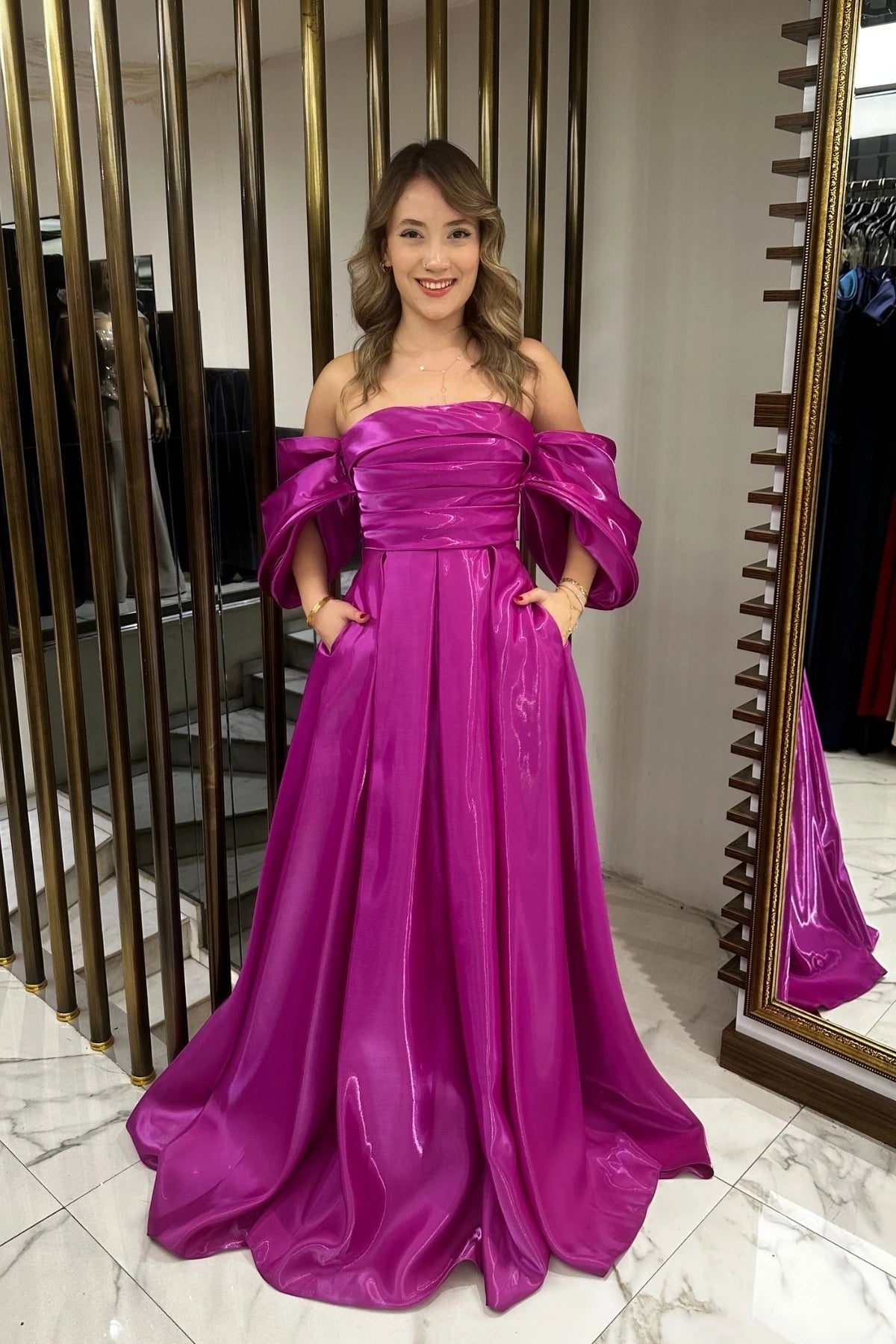 Image of Women's Strapless Balloon Sleeve Lined Pleated Pocket Taffeta Long Dress