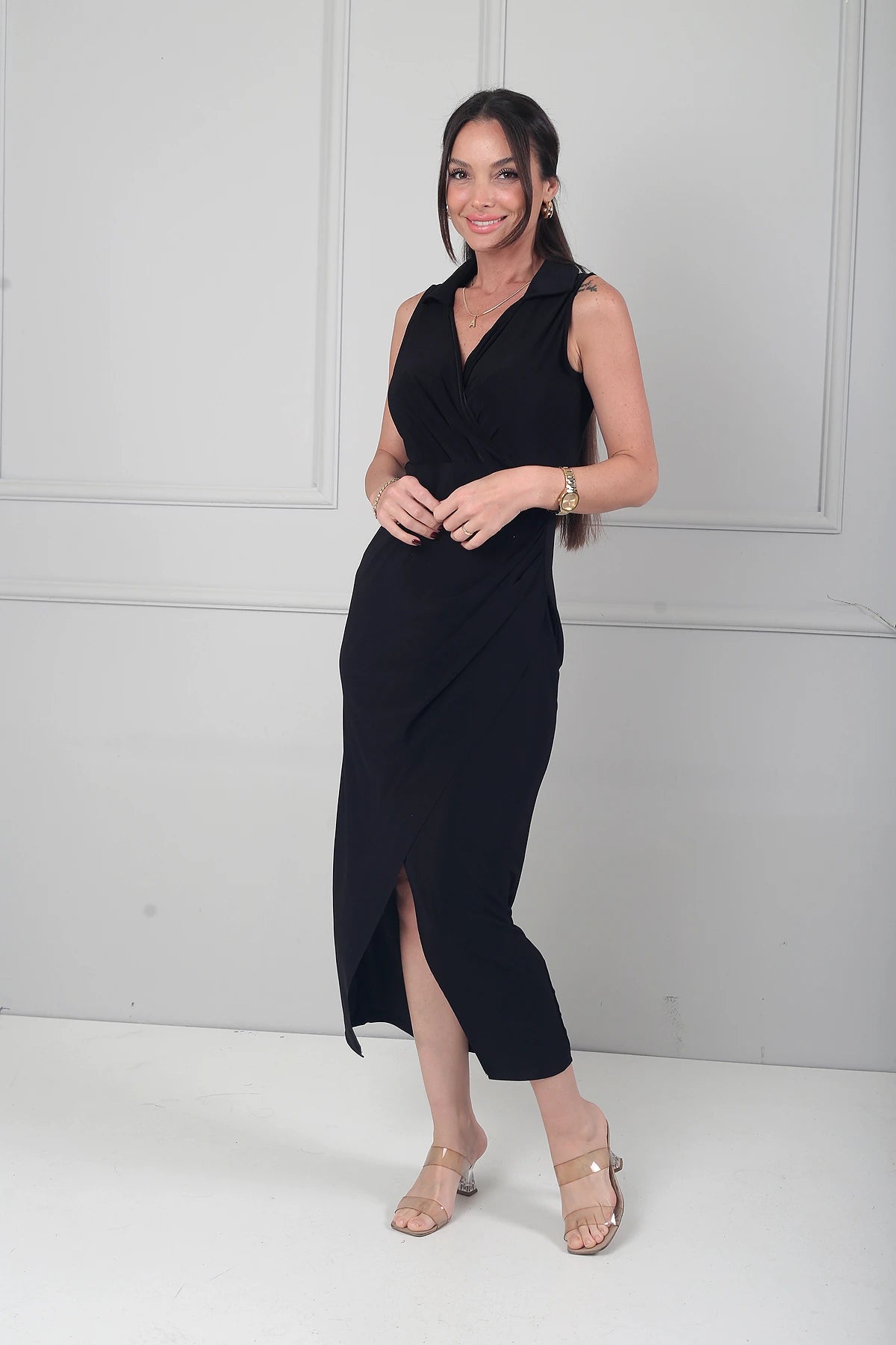 Image of Kadın Polo Kruvaze Yaka Drape Detaylı Likralı Midi Elbise