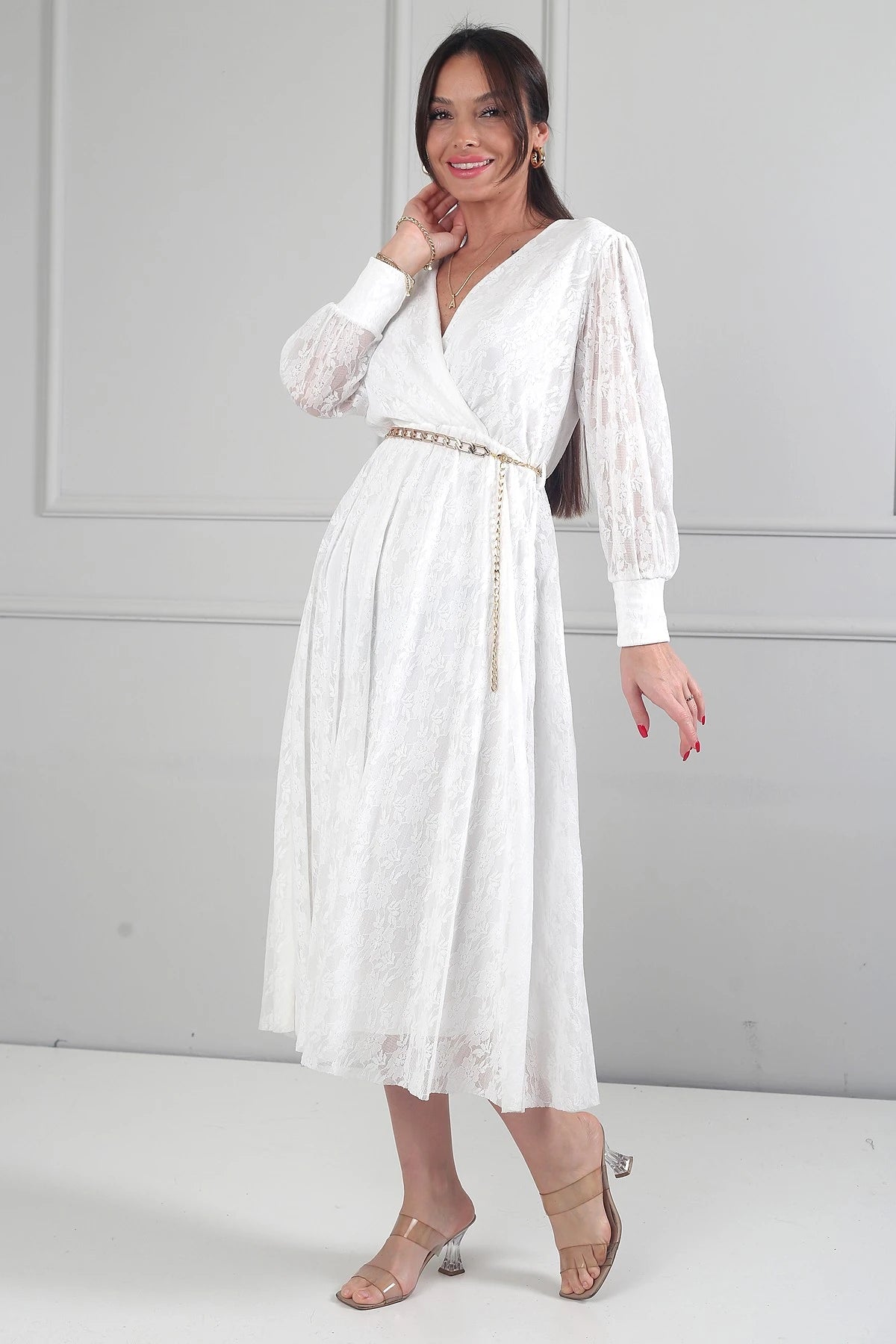 Image of Rochie midi din dantelă cu mânecă lungă și căptușeală, cu decolteu înfășurat și decolteu înfășurat pentru femei