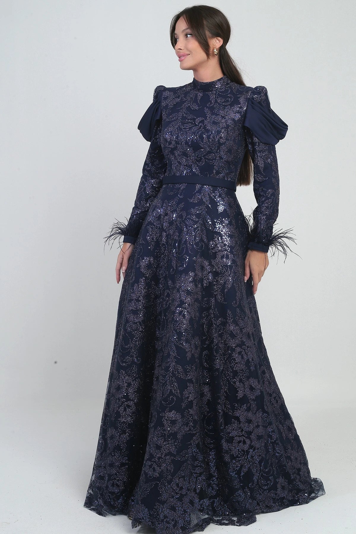Image of Women's Long Dress with Feathered Sleeves, Beads and Glitter Details, and Lining