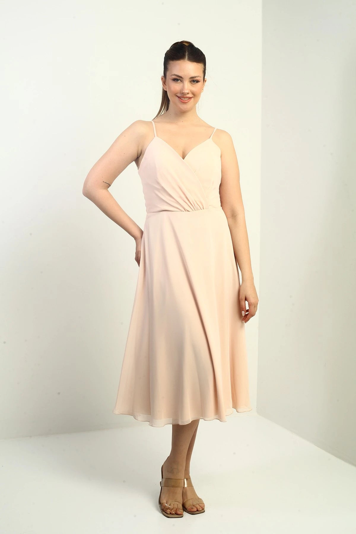 Image of Women's Strappy Wrap Neckline Lined Lace-Up Back Flared Chiffon Dress
