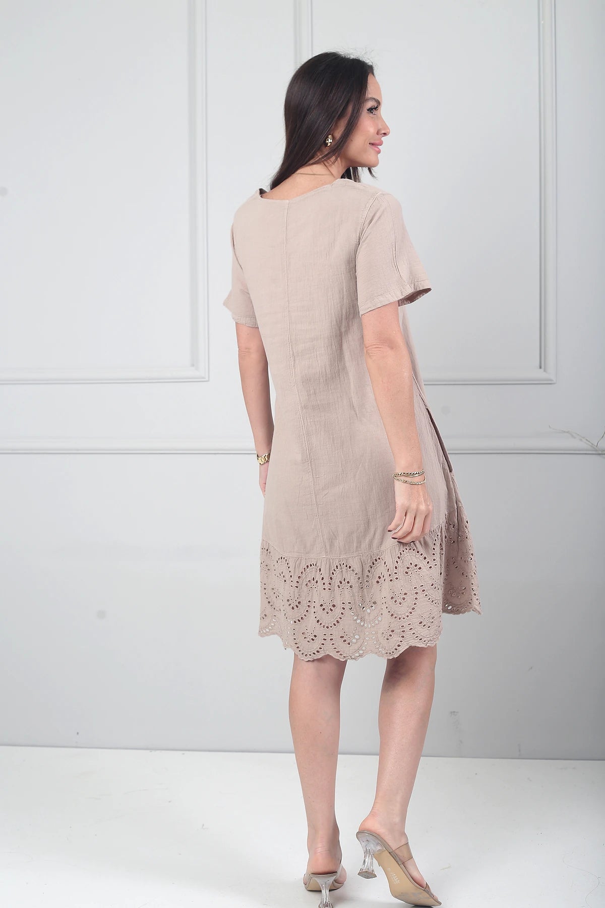 Image of Kadın İtalyan Kısa Kollu Eteği Fisto Astarlı Cepli Cotton Midi Elbise
