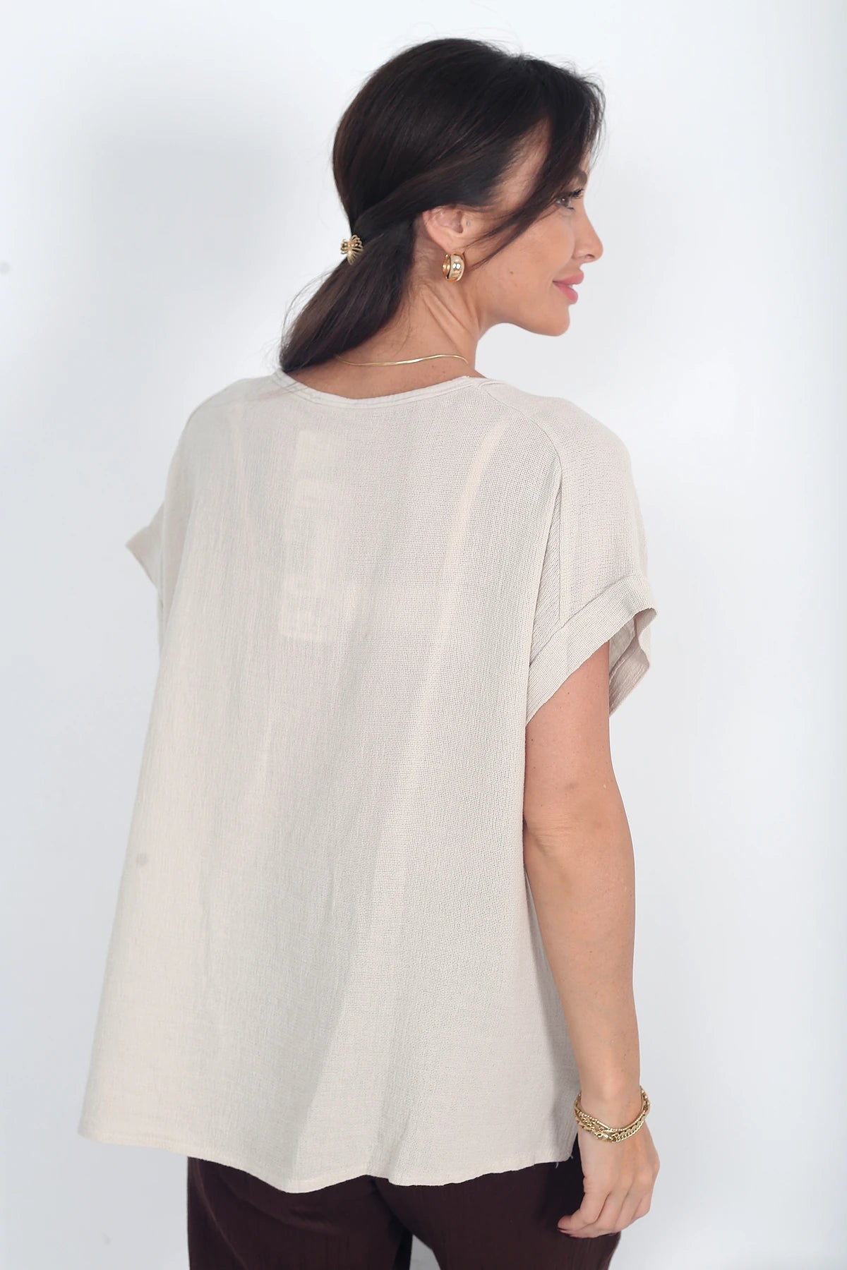 Image of Kadın İtalyan Cotton V Yaka Örgü Dantel Tek Cepli Oversize Keten Bluz