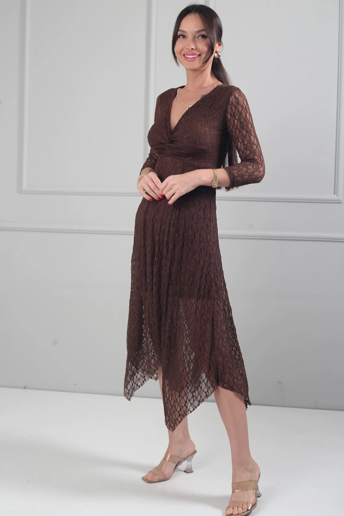 Image of Women's Asymmetrical Lace Midi Dress with Front Knot Detail and Lined Skirt
