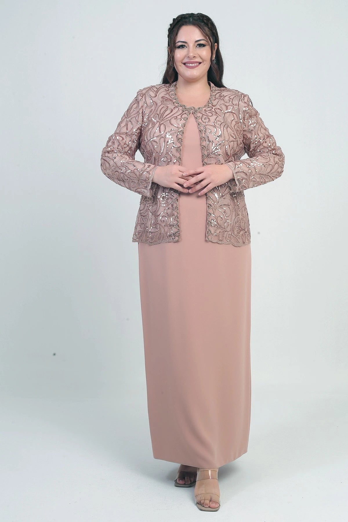 Image of Women's Sequin Embellished Beaded Tulle Jacket, Half-Moon Sleeve Long Dress, Lined Crepe, Plus Size 2-Piece Set