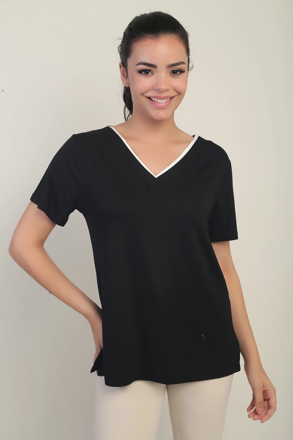 Image of Women's White V-Neck Lycra Blouse with Trim