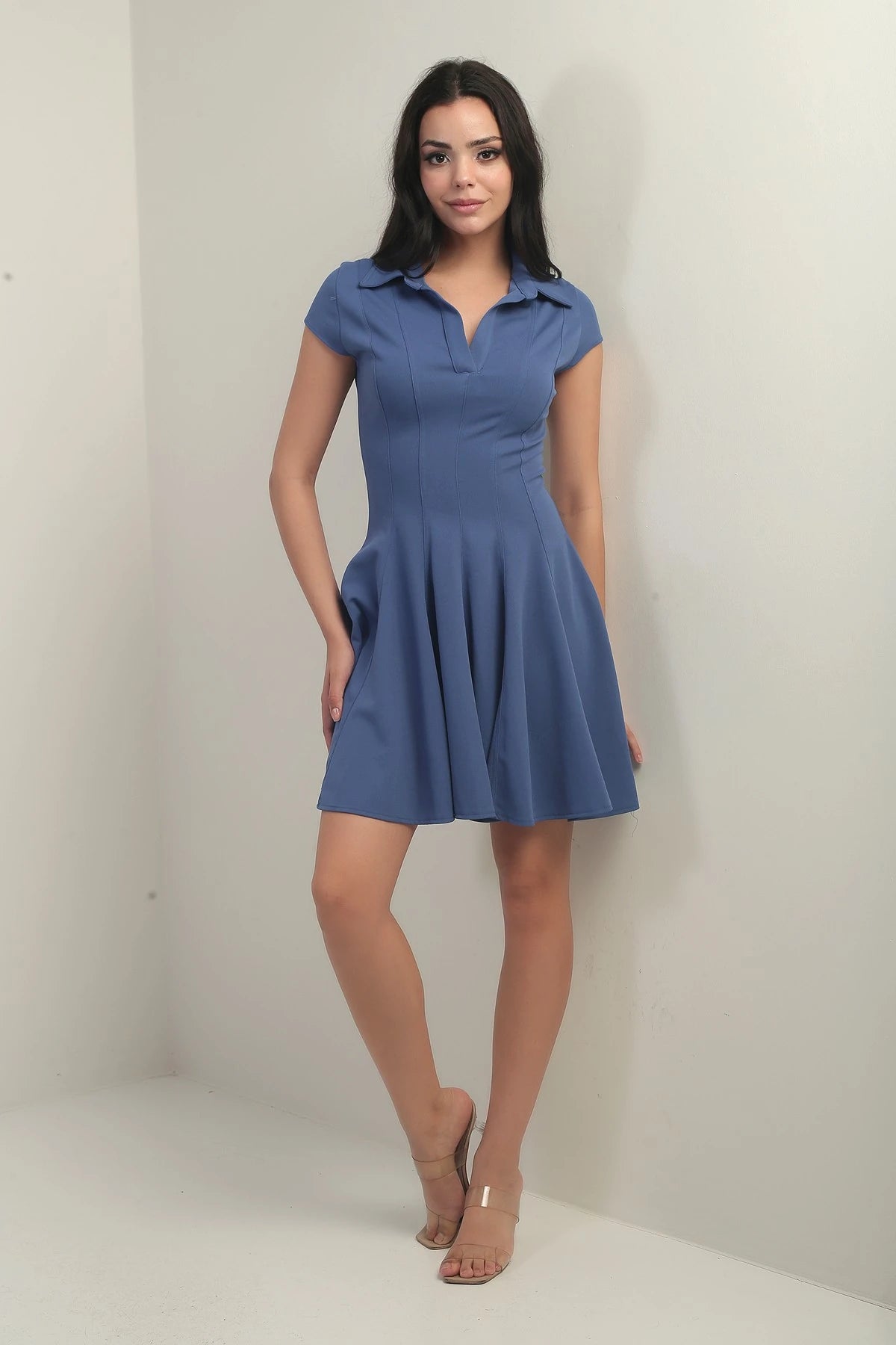 Image of Women's Polo Collar Long Sleeve Lycra Flared Short Dress