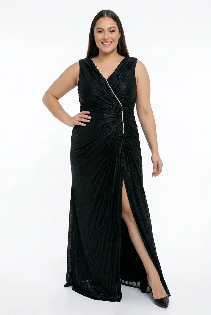 Image of Women's Front and Back V-Neck Ekol Fabric Pleated Series Stone Embellished Lined Plus Size Long Dress