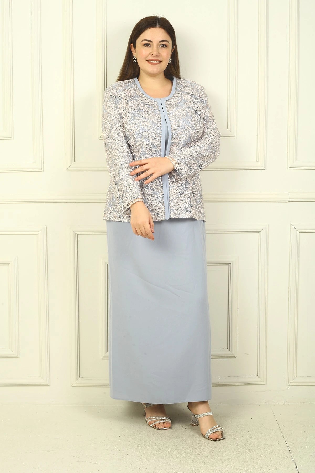 Image of Long Dress with Beaded Collar, Plus Size Two-Piece Set with Beaded and Sequin Embroidered Jacket, Lined.