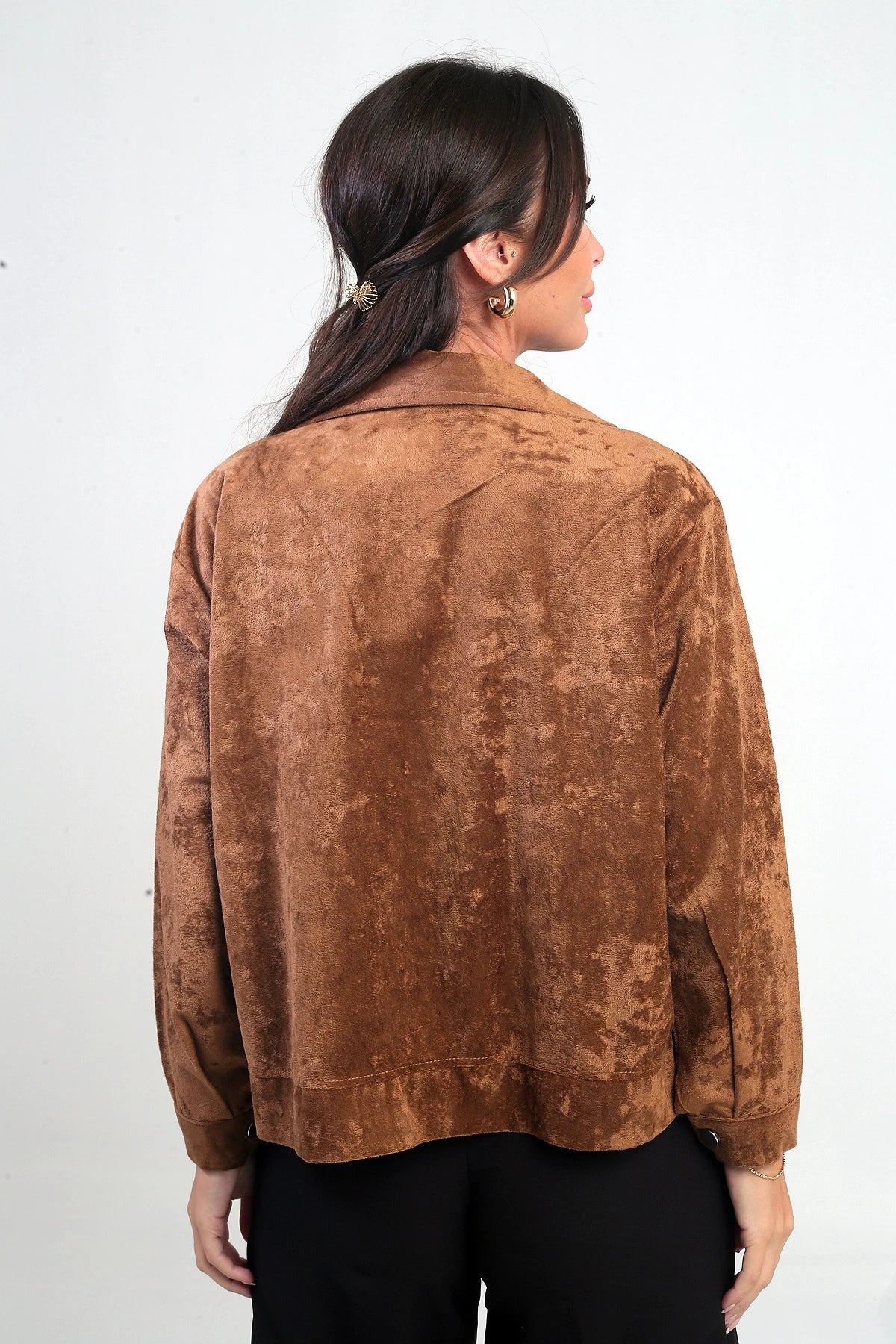 Image of Women's Suede Jacket with Patch Pockets and Zip Front