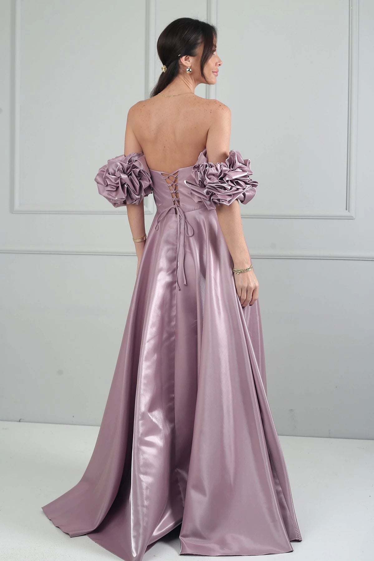 Image of Women's Strapless Balloon Sleeve Lined Long Satin Dress with Stone Embellishments