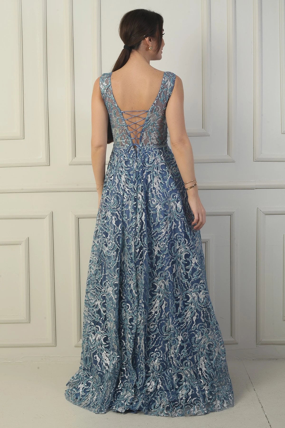 Image of Women's Front and Back V-Neck, Bust Pleat, Back Lace-up, Lined, Glitter Flock Print Long Evening Dress