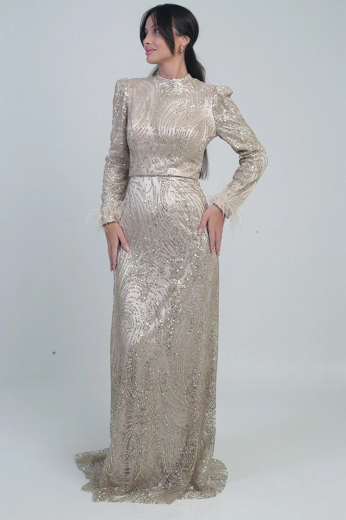 Image of Women's Long Tulle Dress with Feathered Sleeves, Beads and Sequins, and Lining