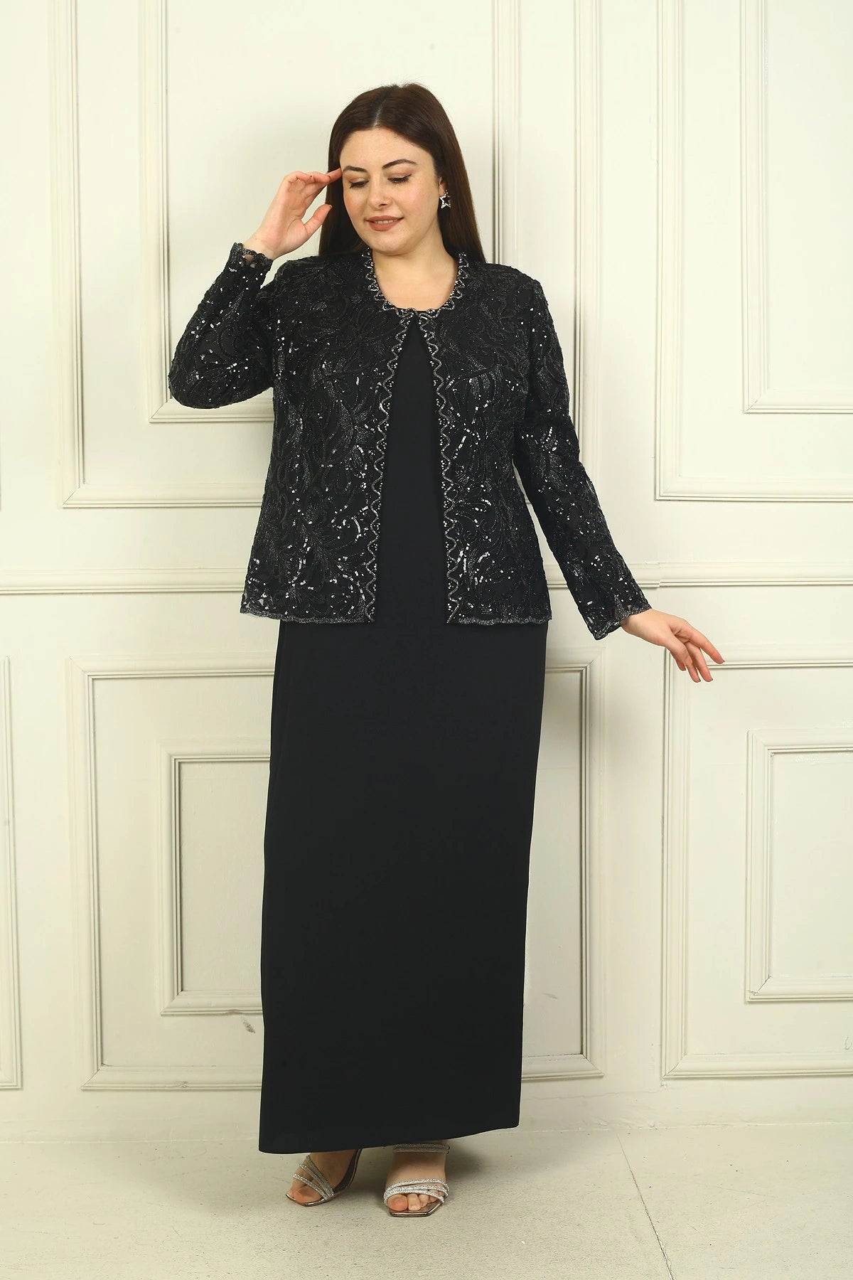 Image of Women's Sequin Embellished Beaded Tulle Jacket, Half-Moon Sleeve Long Dress, Lined Crepe, Plus Size 2-Piece Set