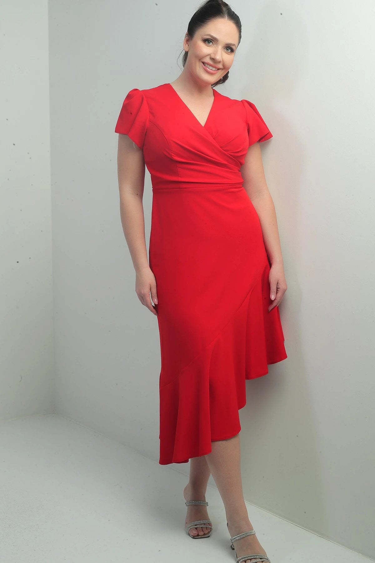Image of Women's Wrap Neckline Draped Front Lined Ruffled Skirt Plus Size Crepe Dress
