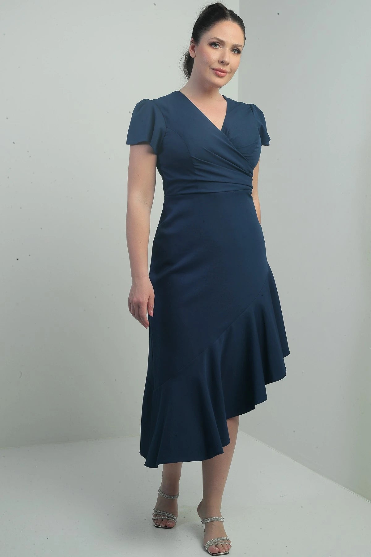 Image of Women's Wrap Neckline Draped Front Lined Ruffled Skirt Plus Size Crepe Dress