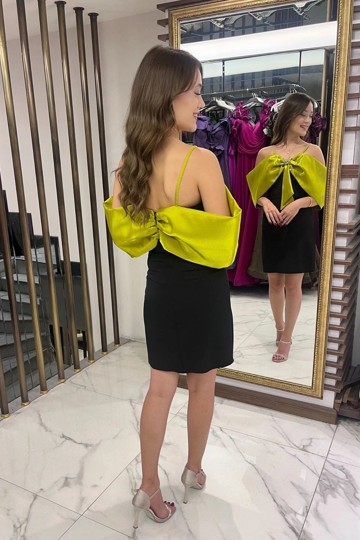 Image of Women's Strappy Satin Short Dress with Stone Embellishments and Lining, and Bow Detail