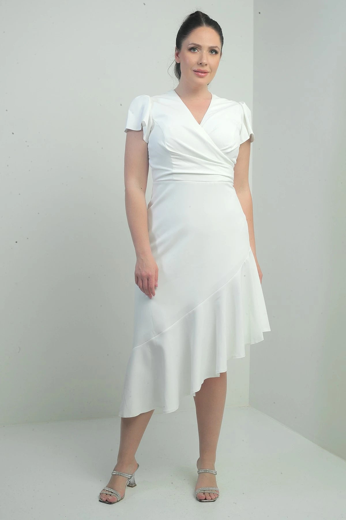Image of Women's Wrap Neckline Draped Front Lined Ruffled Skirt Plus Size Crepe Dress
