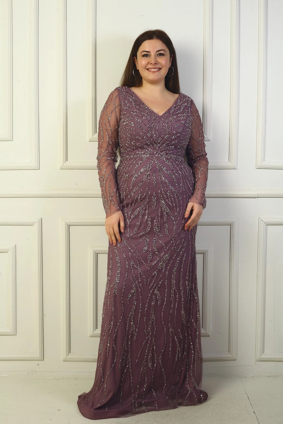 Image of Front and Back V-Neck, Tulle Sleeves, Lined, Embellished Long Plus Size Dress