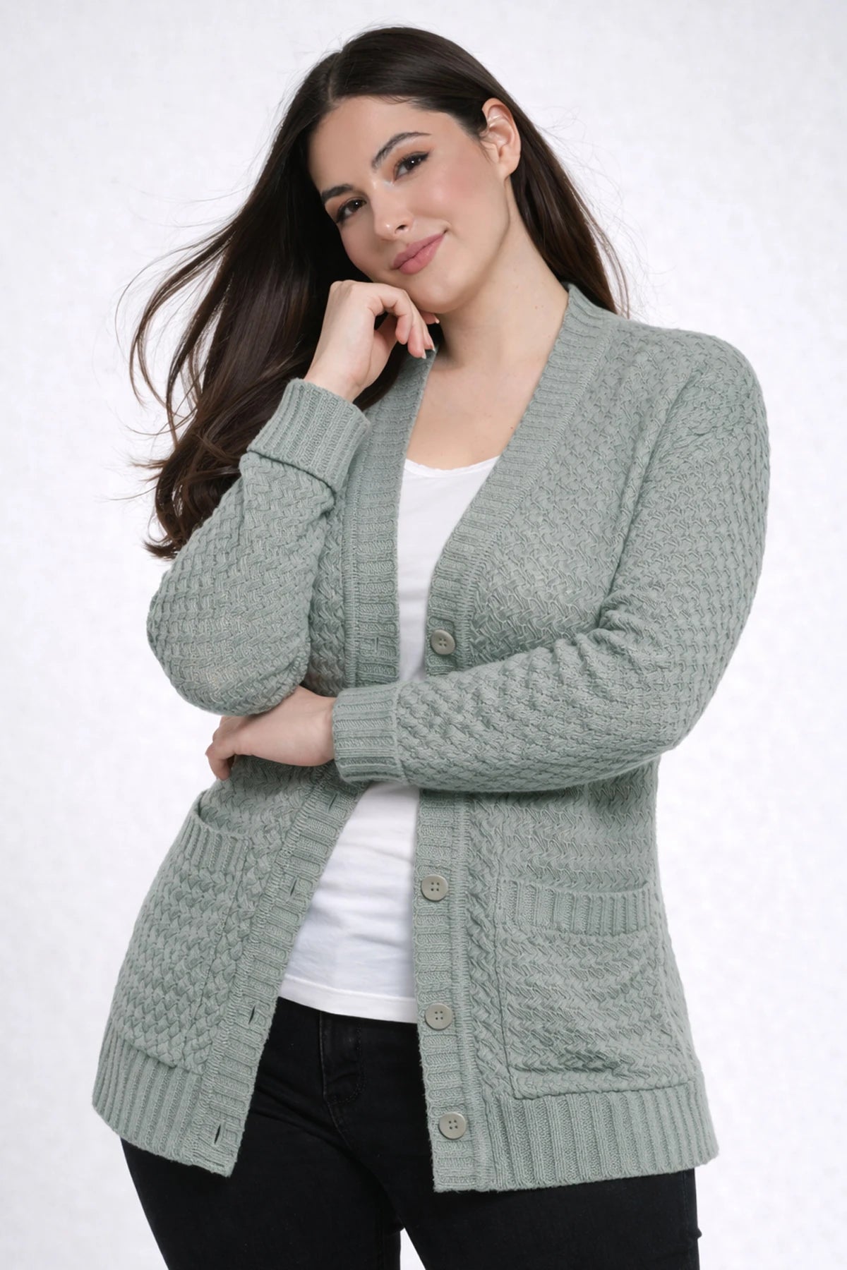 Image of Women's Basket Weave Pattern Pocketed Tunic Cardigan