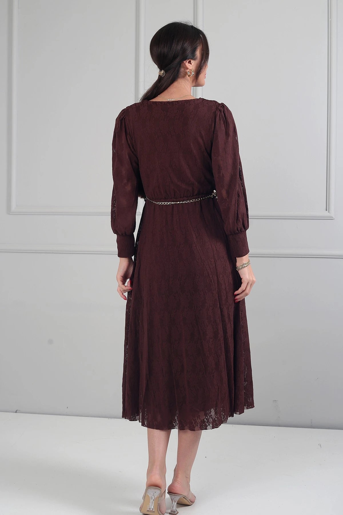 Image of Rochie midi din dantelă cu mânecă lungă și căptușeală, cu decolteu înfășurat și decolteu înfășurat pentru femei