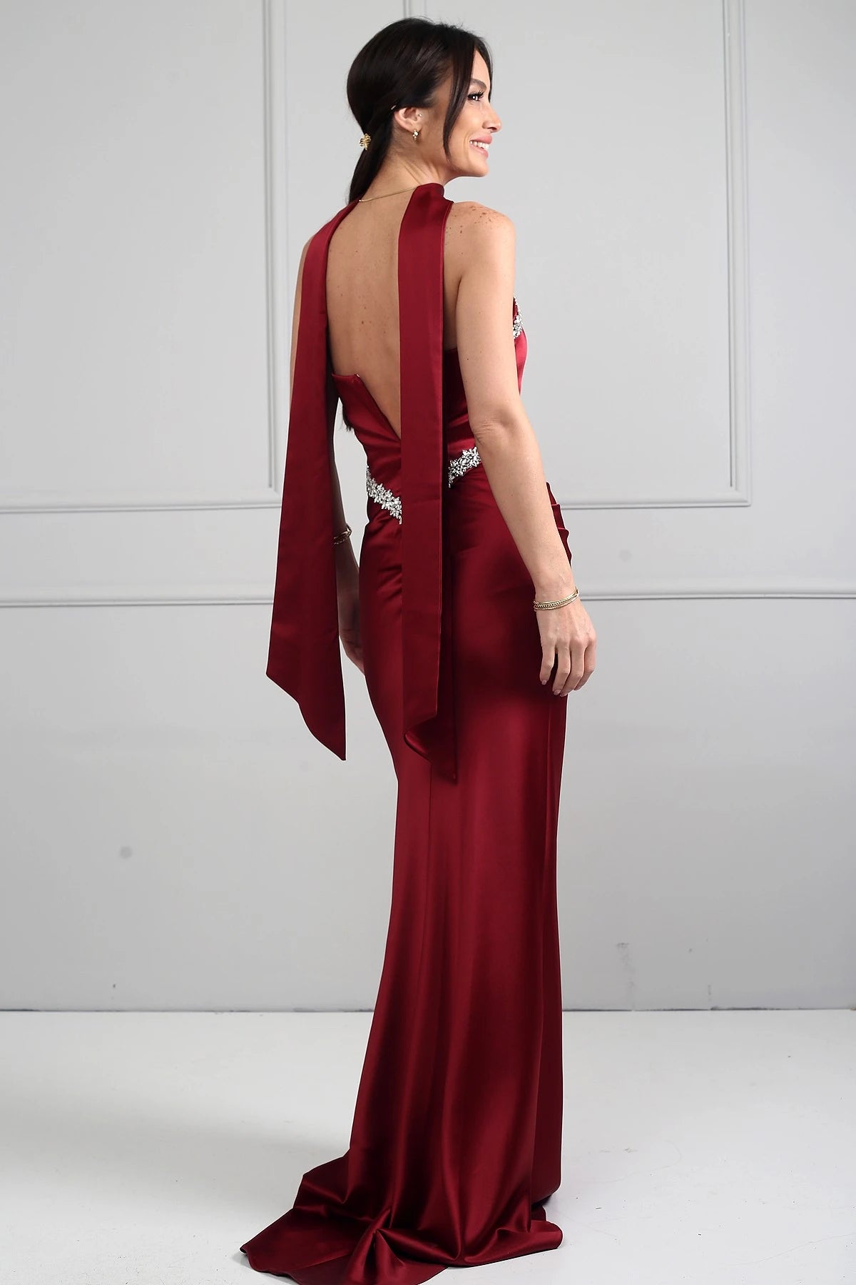 Image of Women's Strapless, Sheer Strap, Lined, Sparkling Stone Detail, Draped Front, Bias-Shaped Skirt Satin Long Dress
