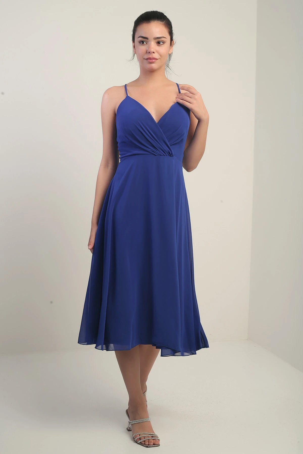 Image of Women's Strappy Wrap Neckline Lined Lace-Up Back Flared Chiffon Dress