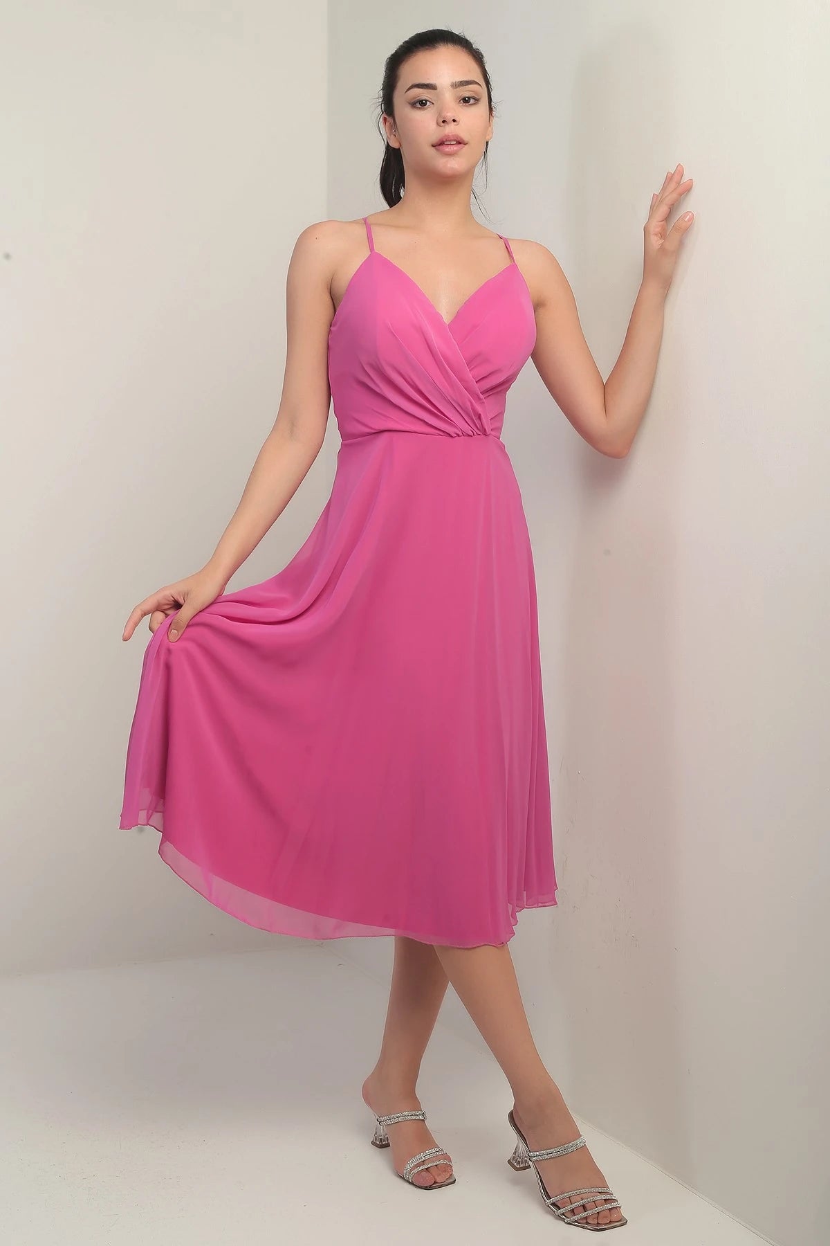 Image of Women's Strappy Wrap Neckline Lined Lace-Up Back Flared Chiffon Dress