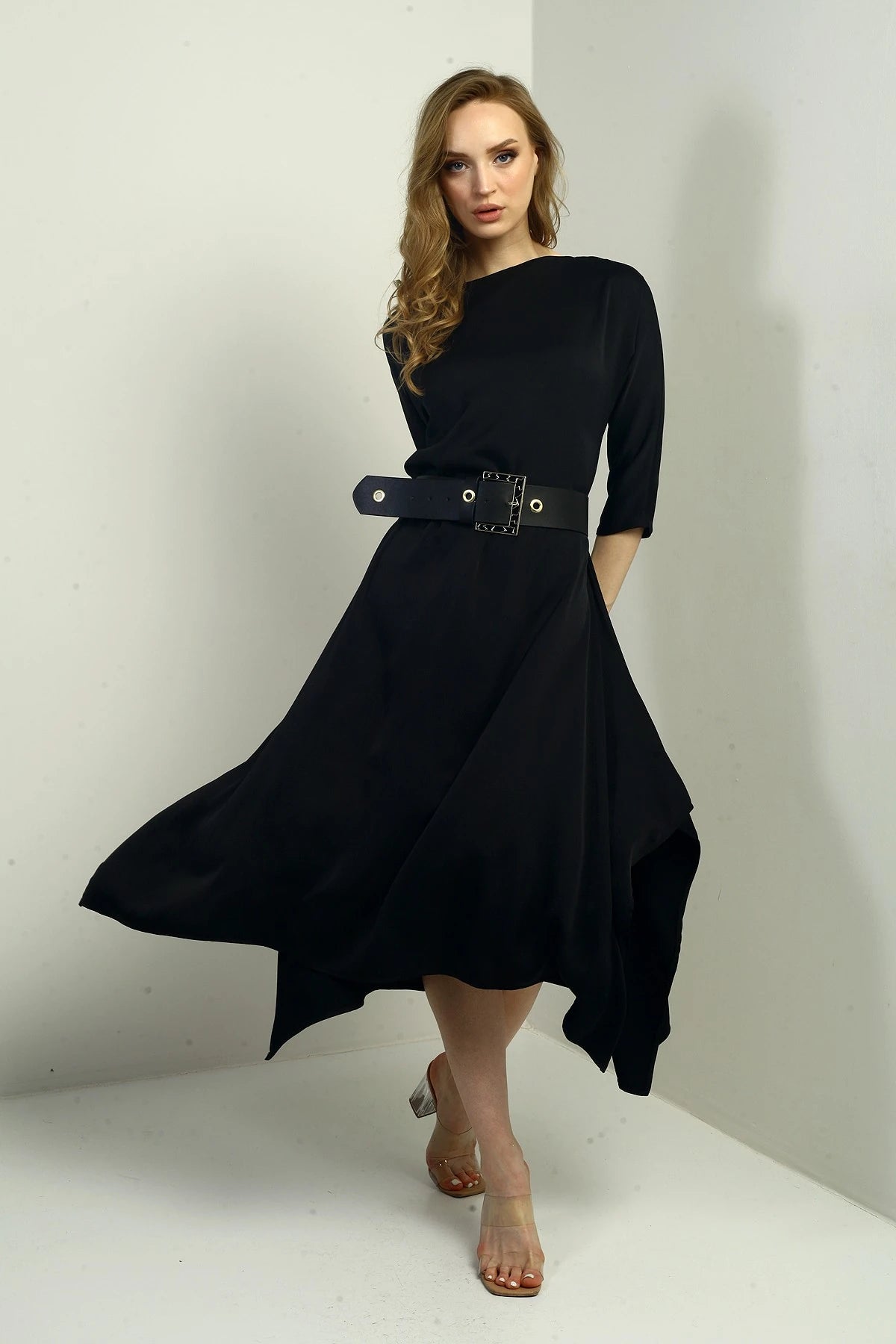 Image of Women's Quarter Sleeve Asymmetrical Crepe Satin Midi Dress with Belted Waist