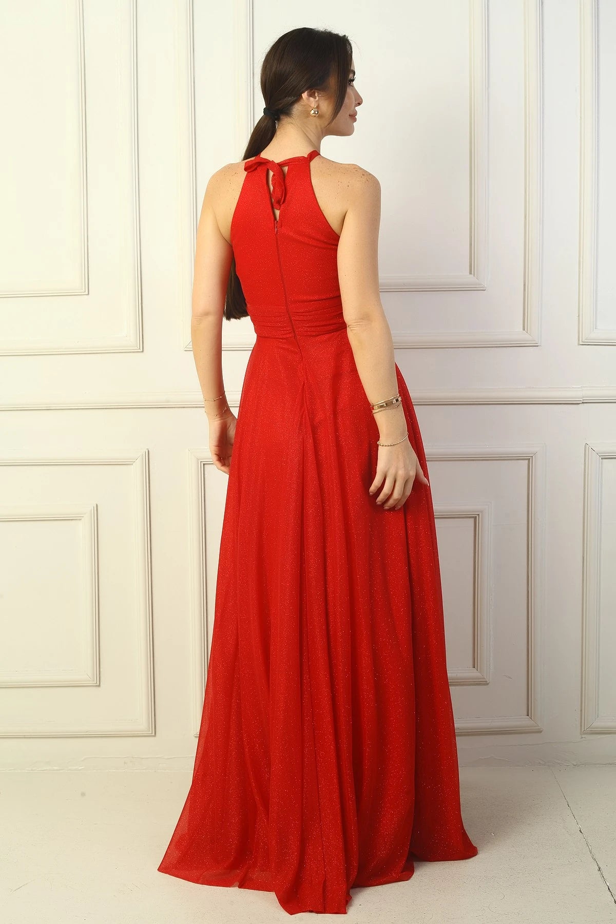 Image of Women's Halter Neck, Pleated Bust, Halter Neck, Lined, Long, Sequin Evening Dress