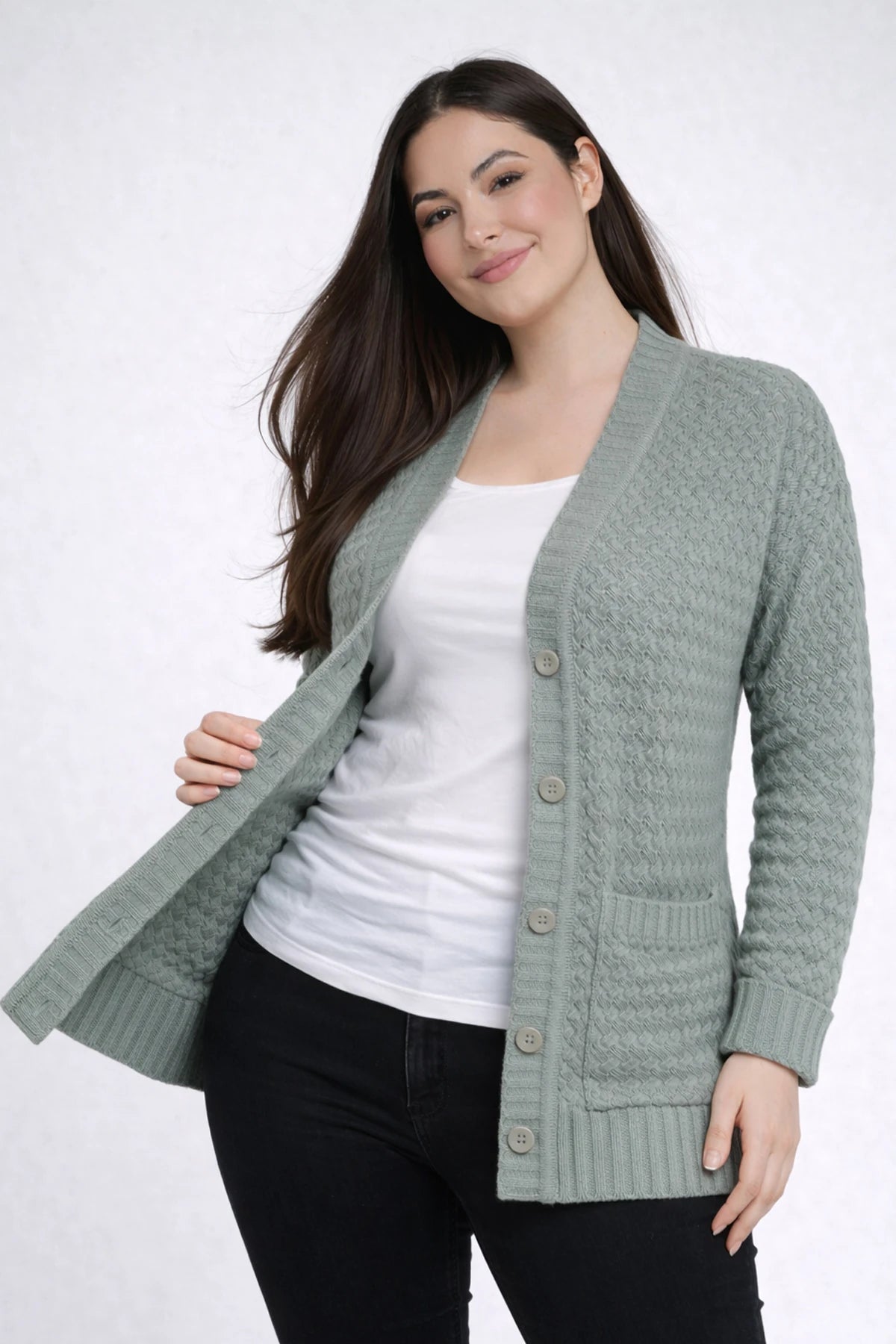 Image of Women's Basket Weave Pattern Pocketed Tunic Cardigan