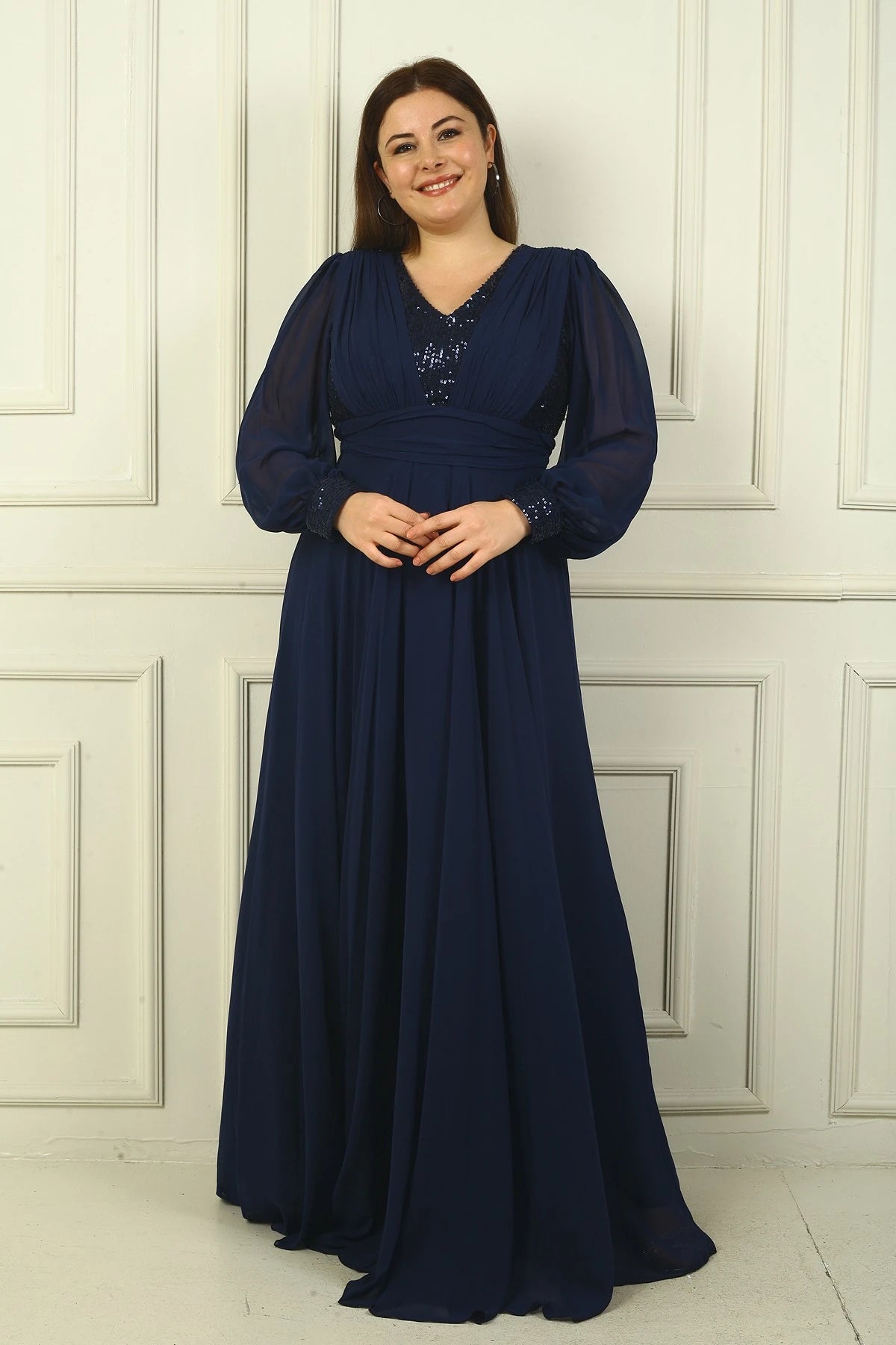 Image of Women's Front and Back V-Neck Sequined Lined Plus Size Long Chiffon Evening Dress