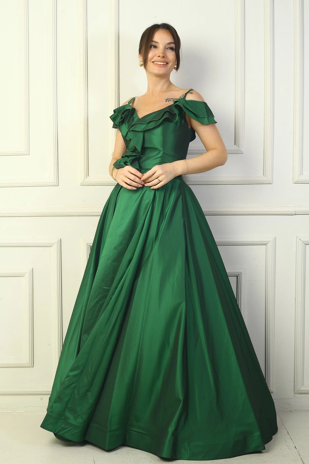 Image of Women's Strappy Boat Neck Long Taffeta Evening Dress with Rose Detail, Lined, and Pockets