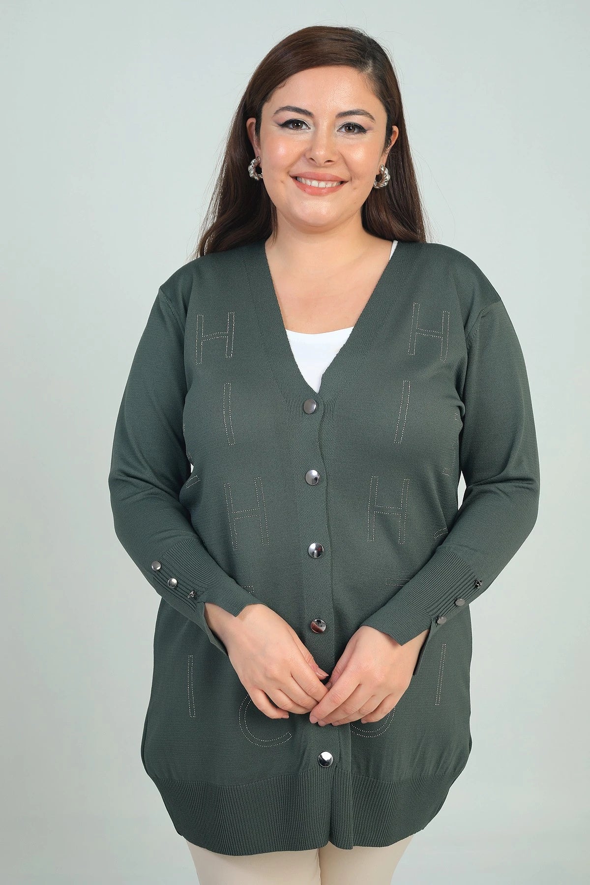 Image of Women's Plus Size Cardigan with Button Detail on Sleeves and Stone Letter Print, Cold Yarn.