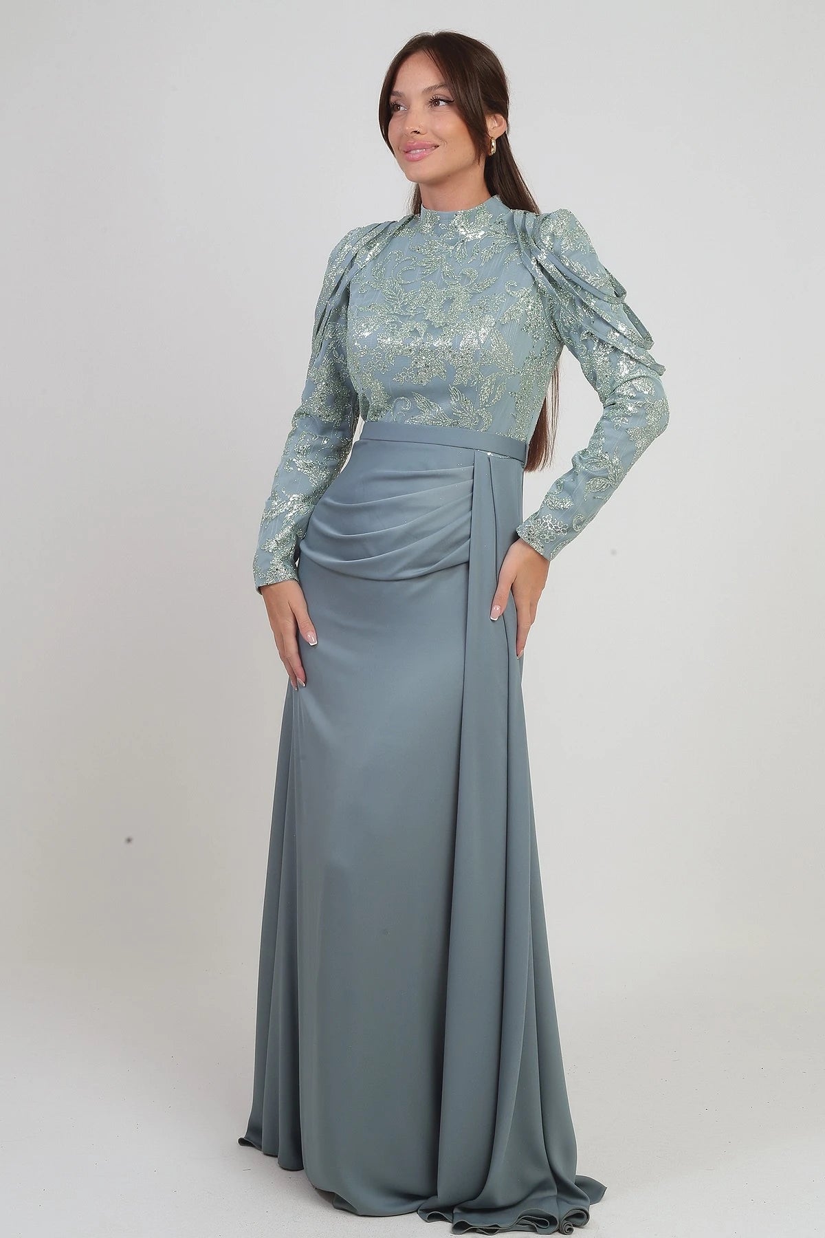 Image of Women's Long Chiffon Dress with Sequin and Glitter Detail on Top and Gathered Skirt, Lined