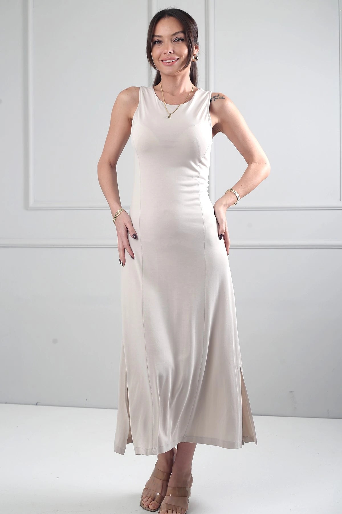 Image of Women's Round Neck Long Dress with Side Slits and Lycra Fabric
