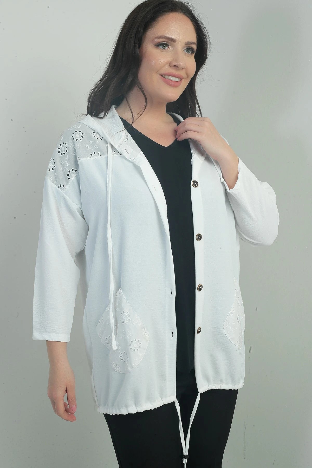 Image of Women's Hooded, Button-Front, Pocketed, Ruffled Plus Size Cardigan