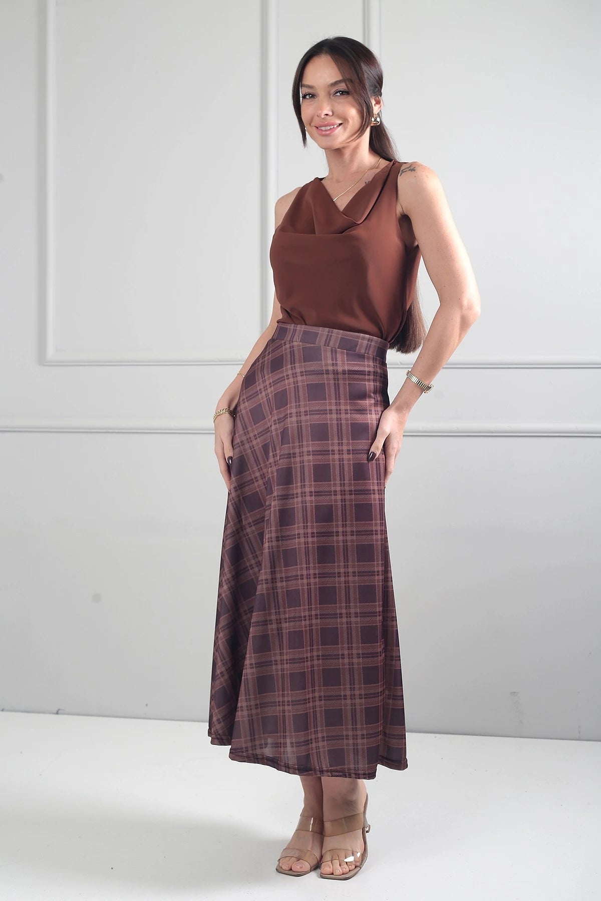 Image of Women's Elastic Waist Plaid Viscose Satin Lycra Long Skirt