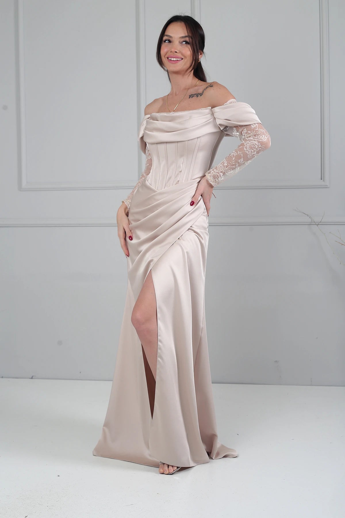 Image of Women's Boat Neck Lace Sleeve Lined Long Satin Dress