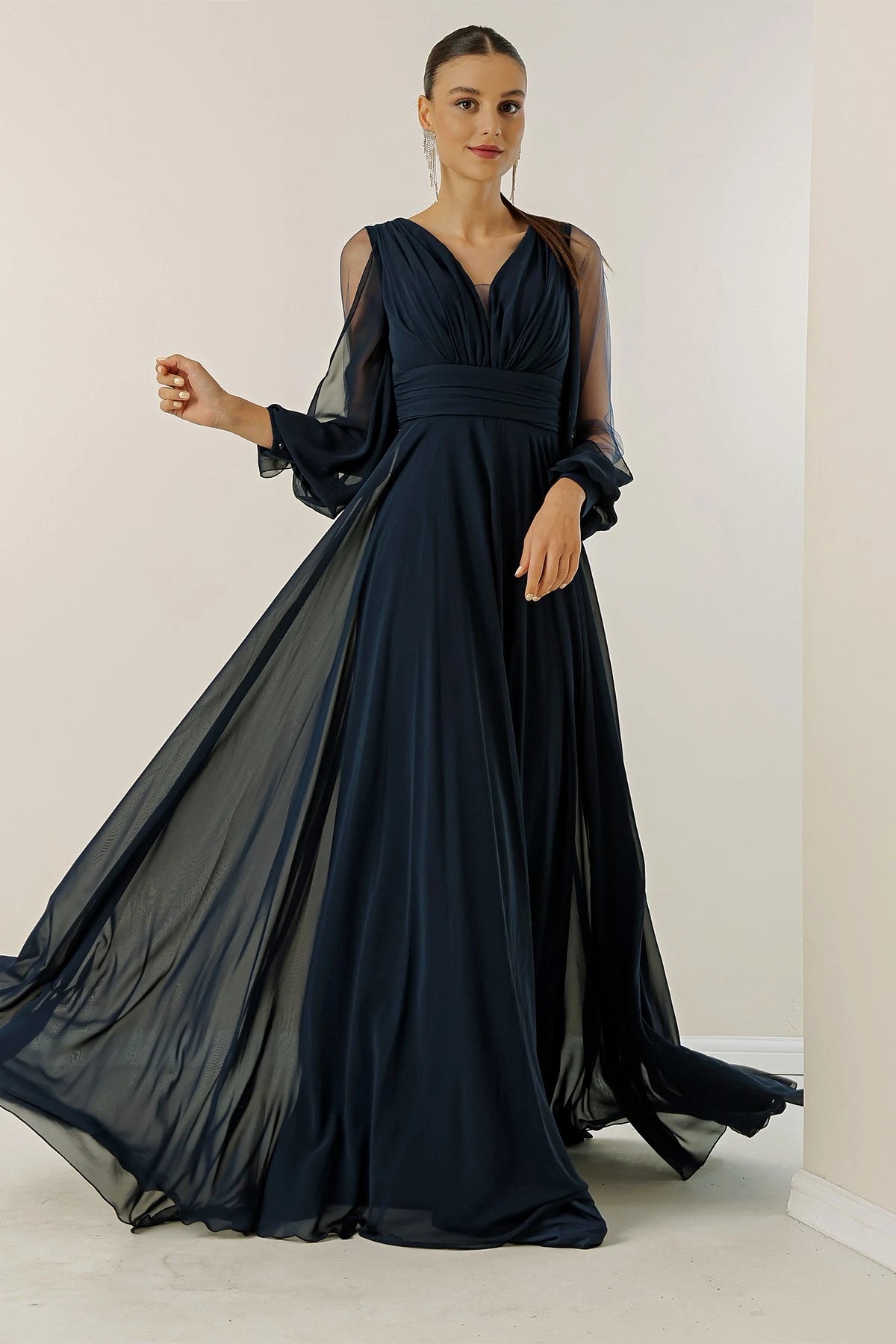 Image of Front and back V-neck, draped front, tulle sleeves, lined, wide-length chiffon dress.