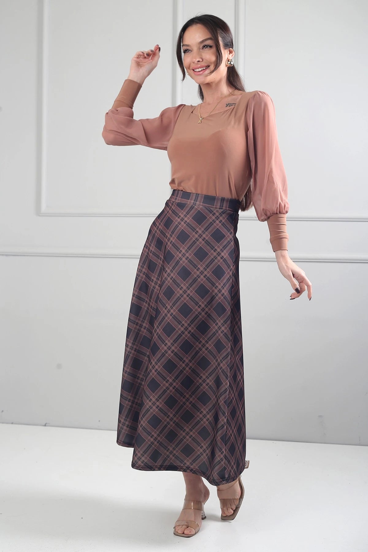Image of Women's Elastic Waist Plaid Viscose Satin Lycra Long Skirt