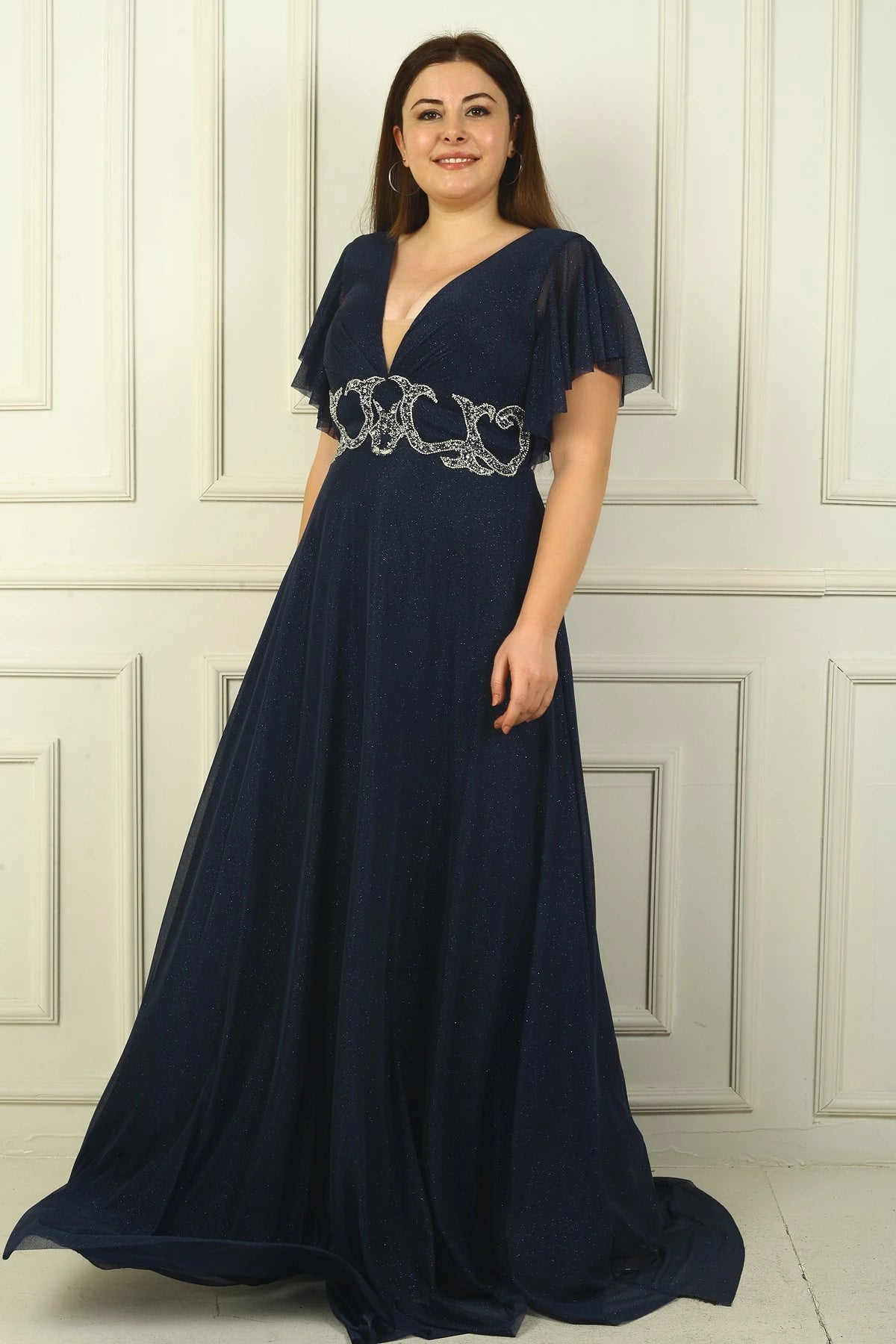 Image of Women's Front and Back V-Neck Waist Embellished, Lined, Glittery Plus Size Evening Dress