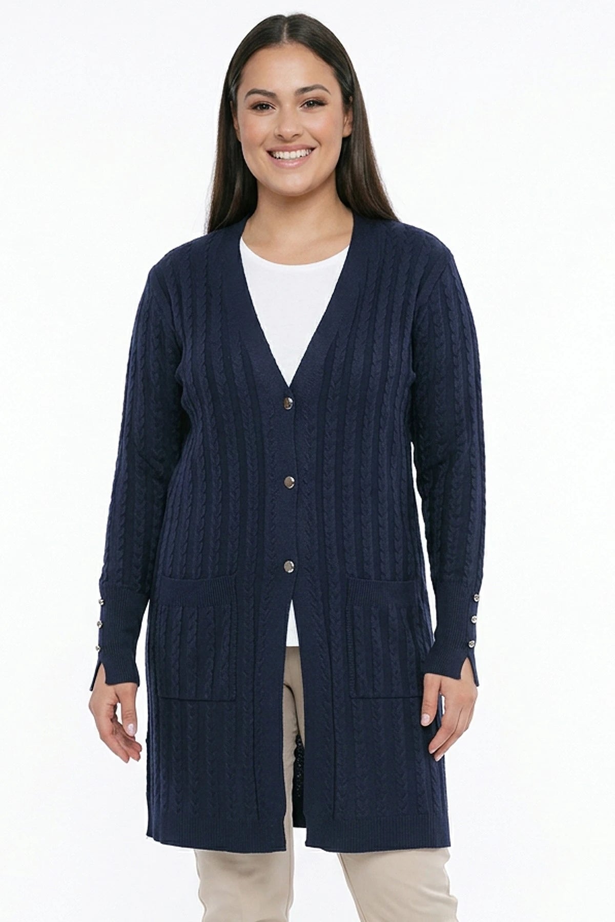 Image of Women's Cable Knit Mercerized Lycra Plus Size Cardigan