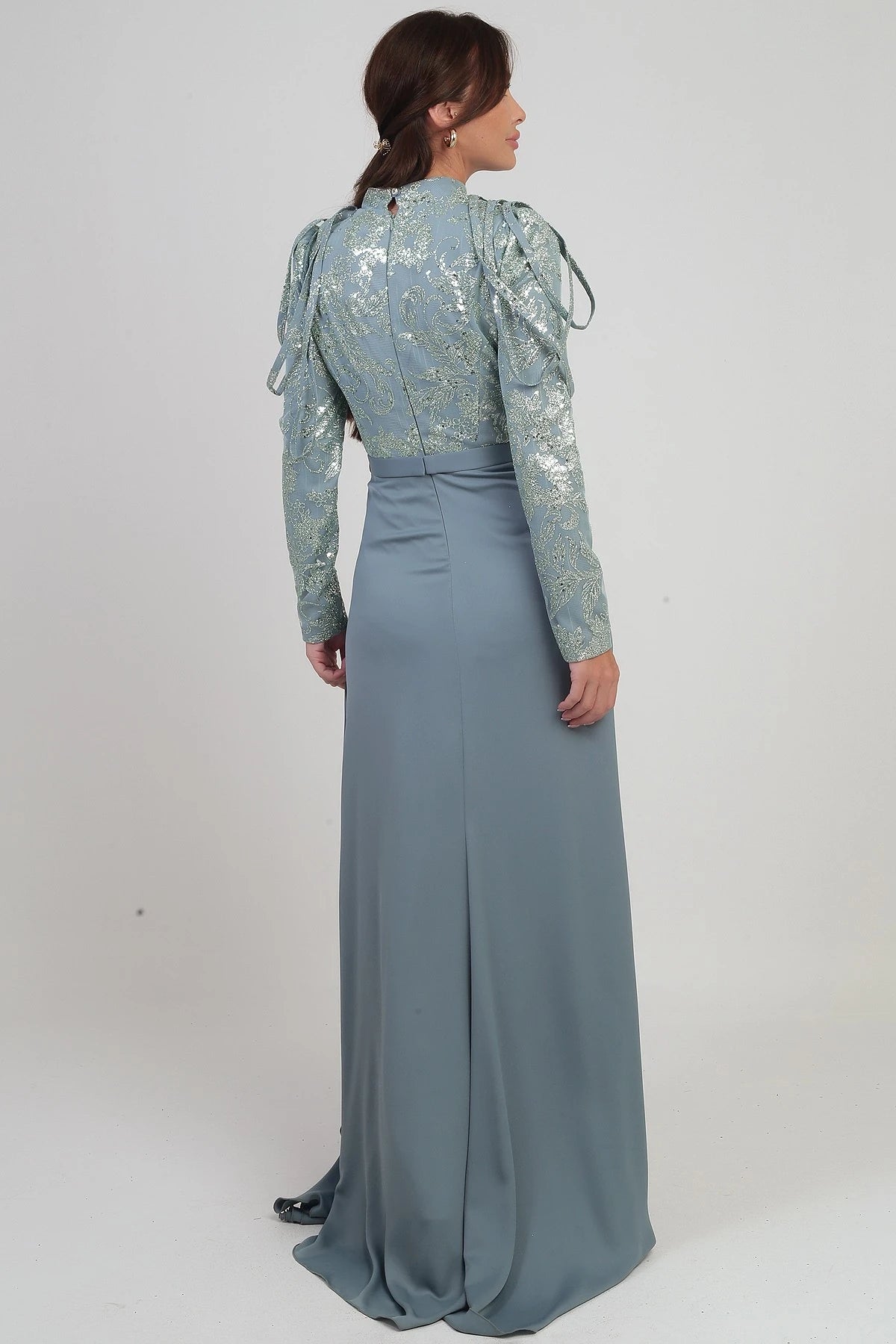Image of Women's Long Chiffon Dress with Sequin and Glitter Detail on Top and Gathered Skirt, Lined