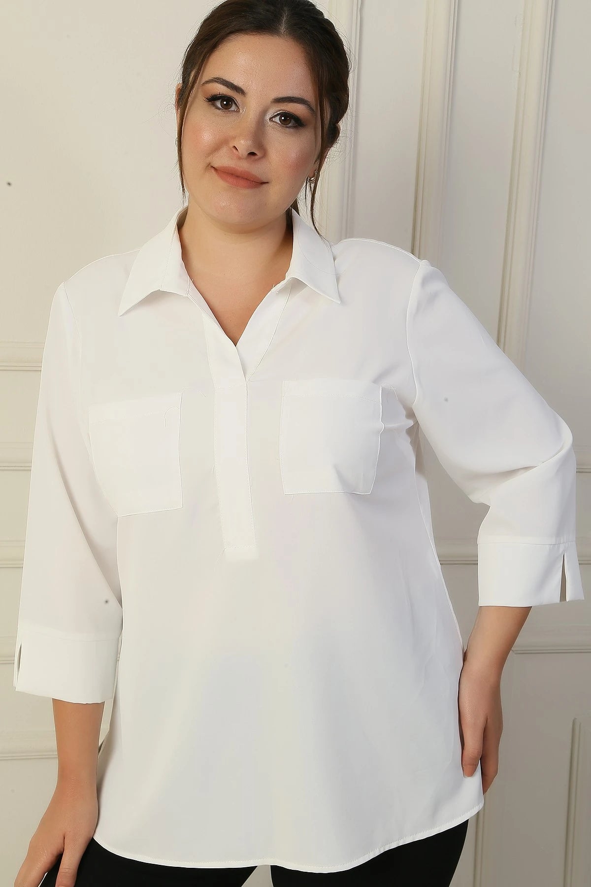 Image of Polo Collar Pocketed Quarter Sleeve BB Blouse