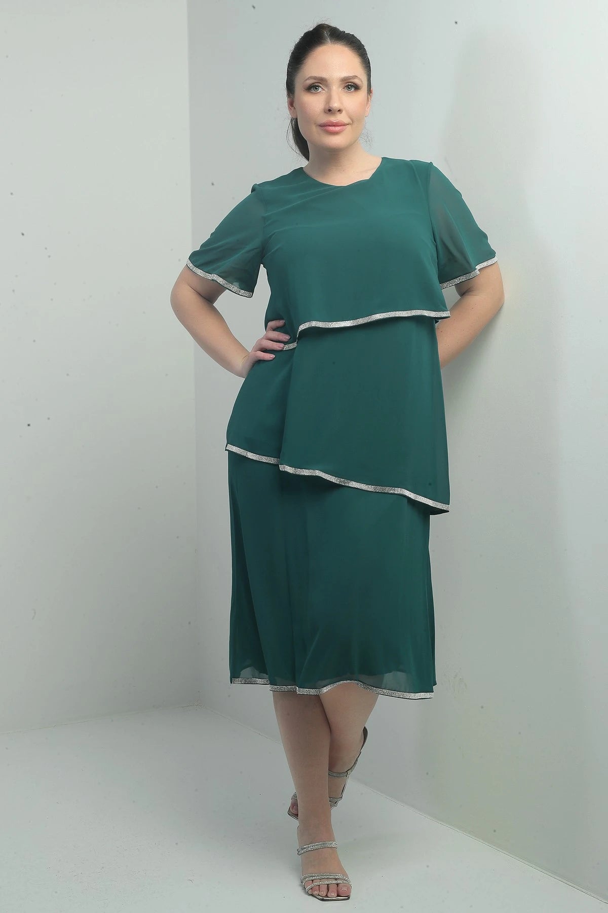 Image of Women's Plus Size Dress with Stone Embellishments, Lined, Short Sleeves, and Three Layers of Chiffon.