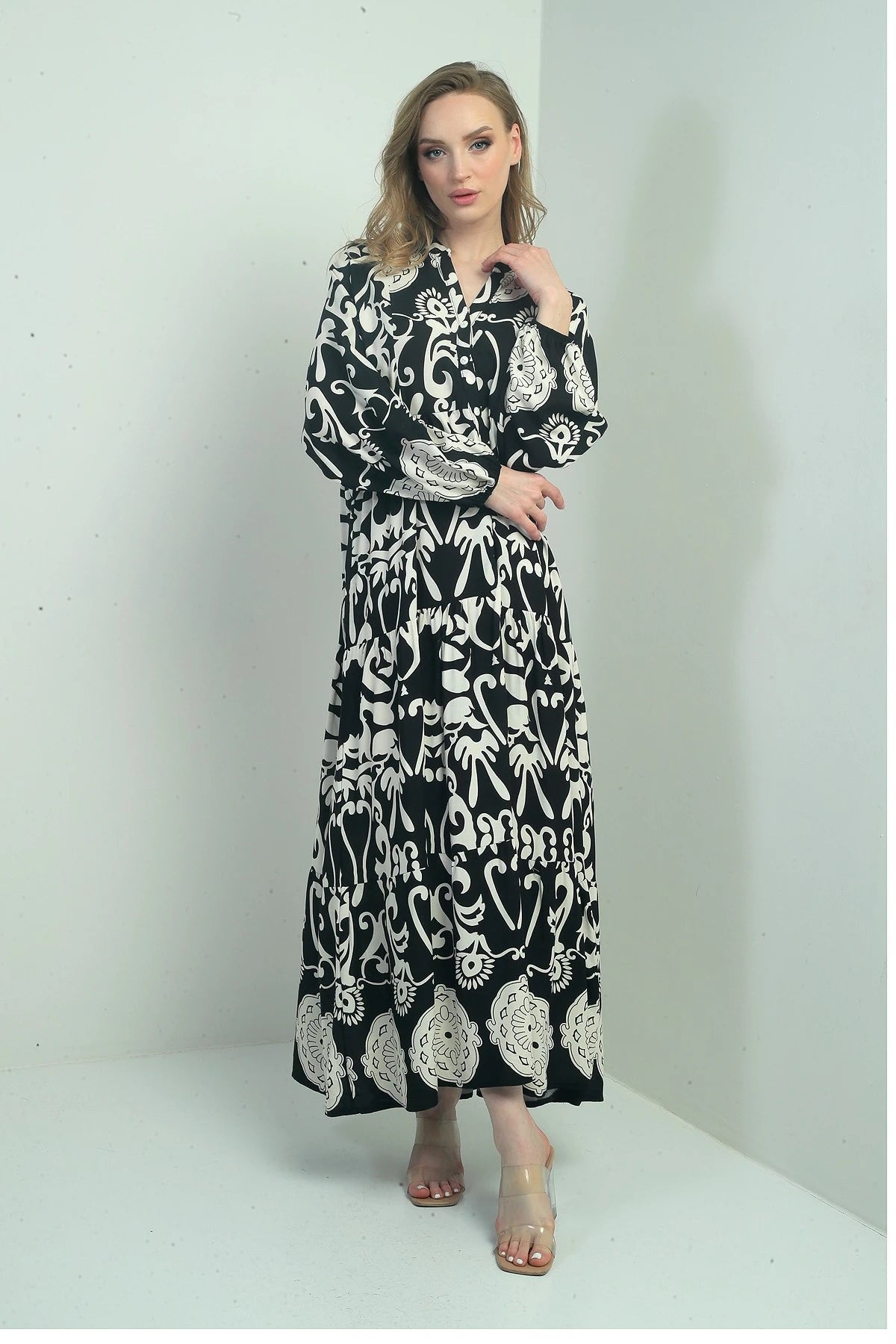 Image of Women's Mandarin Collar, Button-Front, Elasticated Cuff, Shawl Pattern Long Hijab Dress