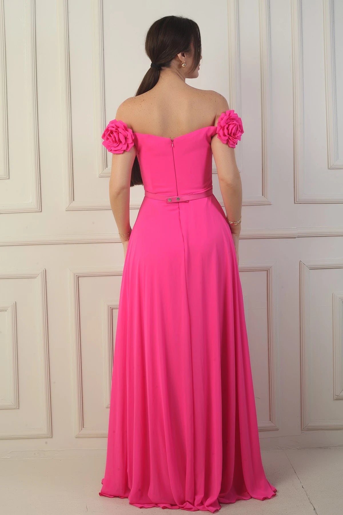 Image of Women's Long Chiffon Dress with Laser-Cut Floral Neckline and Lining, Belted Waist